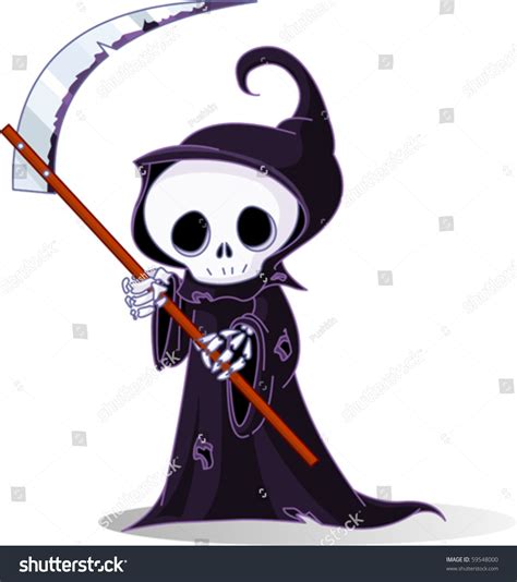 Cute Cartoon Grim Reaper With Scythe Isolated On White Stock Vector