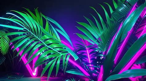 Premium Ai Image Tropical Palm Leaves Neon Lights