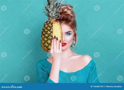 Tasty Tropical Fruits Attractive Sexual Woman With Beautiful Makeup Holding Fresh Juicy