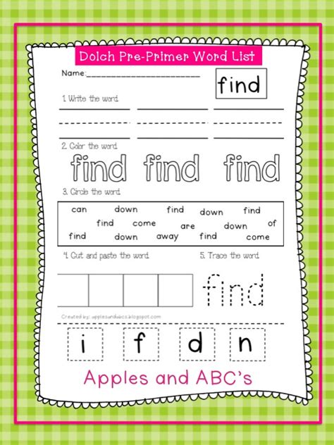 Dolch Pre Primer Sight Word Printables Apples And Abcs