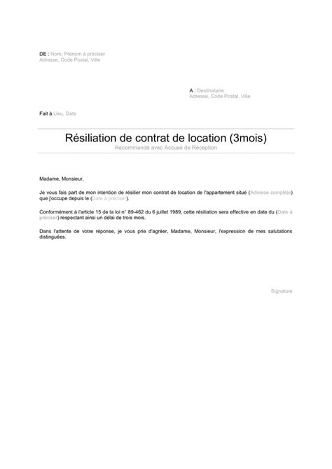 Lettre De Résiliation Dun Bail Avec Préavis De 3 Mois Doc Pdf