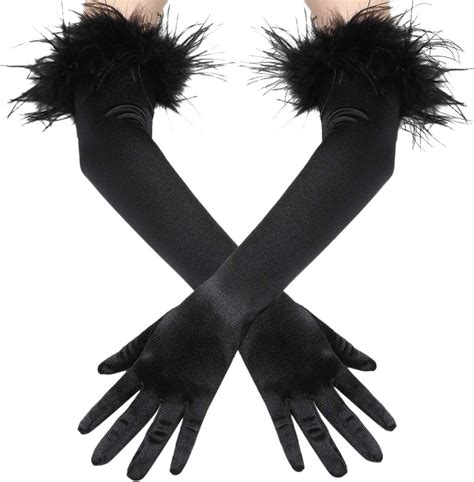 Babeyond Long 20s Satin Gloves Feather Stretchy Gloves For Halloween Costume Evening Party