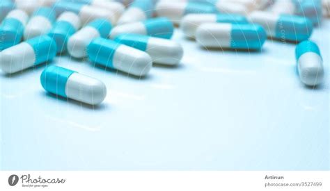 Selective Focus On Blue White Capsule Pills Capsule Pills Sperad On