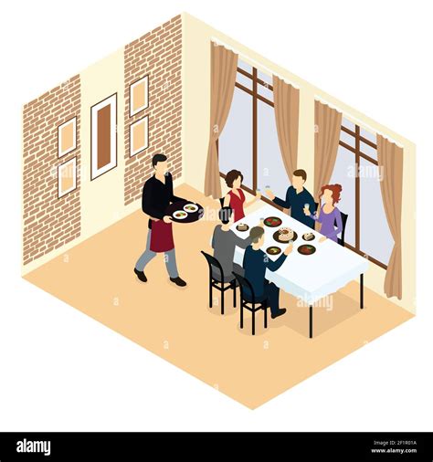 Isometric Holiday Concept With Celebrating People Sitting At Dining