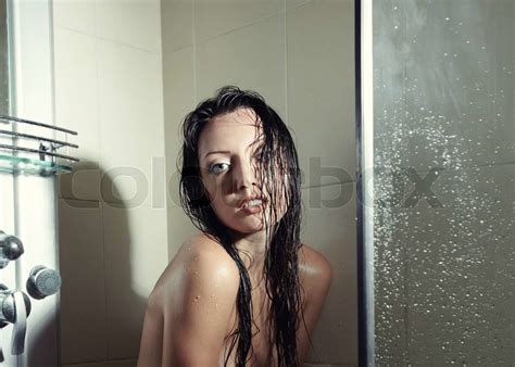 Wet Woman In The Shower Cabin Stock Image Colourbox