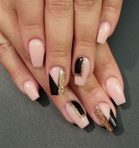 Nude And Black Abstract Nail Art Design Add Patches Of Black Shapes On