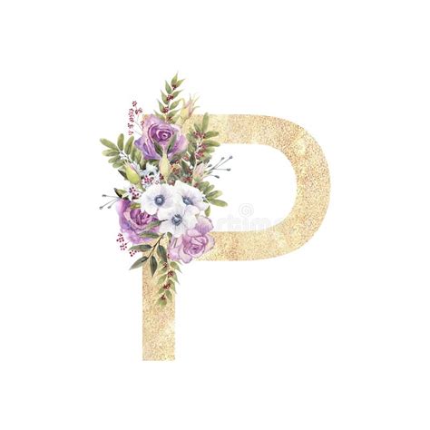 Golden Letter P Of The English Alphabet With A Bouquet Of Purple Roses