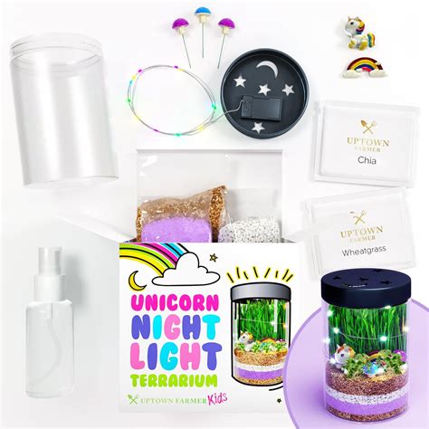 Unicorn Night Light Terrarium Kit For Kids With Usa Seeds Soil