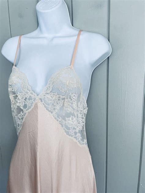 Vintage S Glydons Nightgown S Small Peach Sheer Lace Trim Maxi Slip