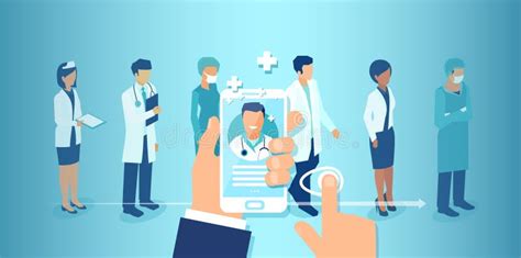 Vector De Un Paciente Que Usa Una Aplicación De Salud En Su Smartphone Eligiendo Un Médico Y Un