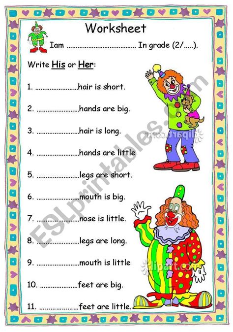 pronoun his and her esl worksheet by glamorous worksheets adjectives grammar worksheets