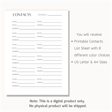 Printable Contact List Sheet Client Contact Info Address Book