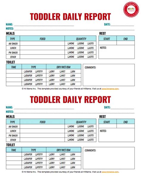 Toddler Daily Report 2 Per Page Infant Toddler And Preschool Daily