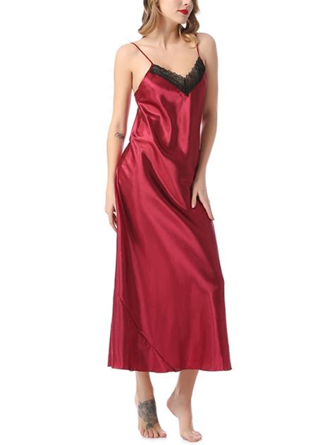 Sunsent Satin Long Nightgowns For Women Silk Lace Chemise Sleepshirt