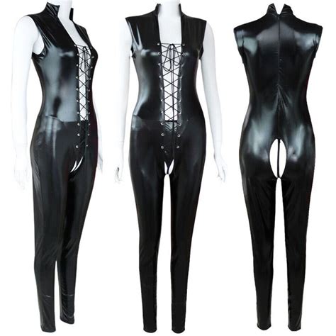 women pu leather bodycon bodysuit catsuit clubwear jumpsuit wet look open crotch ebay