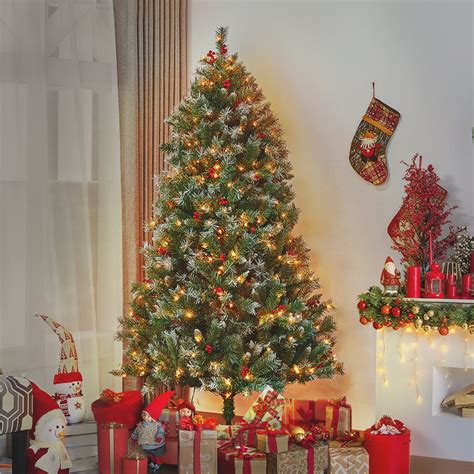 6ft Pre Lit Snow Frosted Artificial Christmas Tree With Red Berries