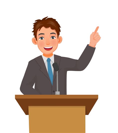 Young Man Speaker Giving Speech Standing At Podium In A Conference