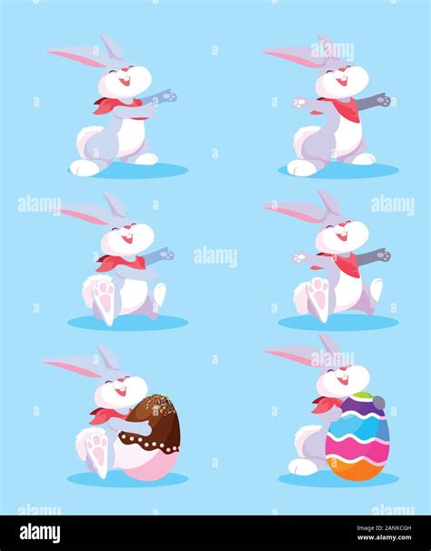 Set Of Bunnies With Easter Eggs Happy Easter Vector Illustration