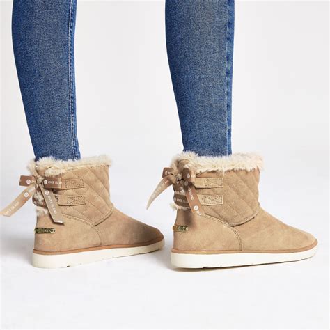 River Island Suede Quilted Faux Fur Lined Boots In Brown Lyst