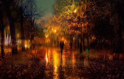 Wallpaper Autumn Girl The City Lights Umbrella Rain The Evening