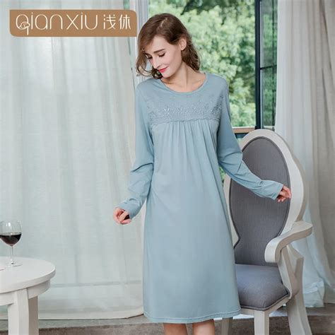 Qianxiu Woman New Modal Nightgowns 2018 Spring Round Collar Long Sleeve Women Knee Nightgown