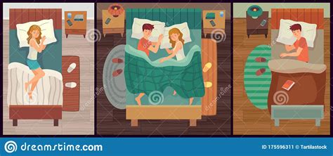 Couple Of People Sleeping Man And Woman Asleep Alone And Together Healthy Sleep Cartoon Vector
