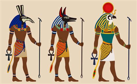Antigo Egito Deuses Egípcios Set Anubis Ra Ilustração Vetorial Em Fundo Bege Claro
