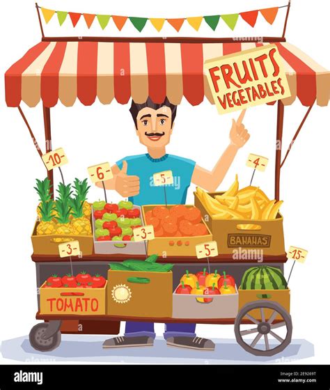 Vendedor Callejero Con Puesto Con Frutas Y Verduras Vector Ilustración