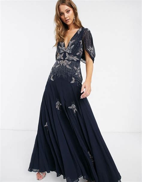Asos Design Maxi Dress With Linear Sequin And Floral Beading Asos