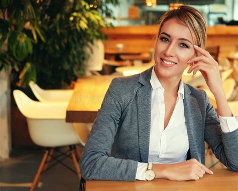 Lifestyle Business And People Concept Successful Business Woman Sitting In Coffee Shop Stock