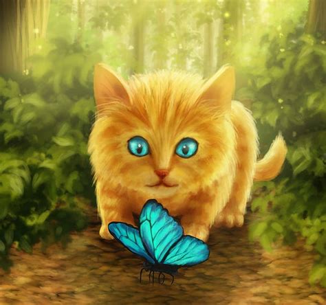 Cat Watching A Butterfly Fantasy Art Digital Painting Fine