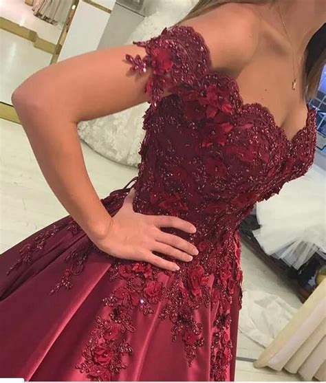 Wine Red Prom Dresses With Lace Appliquedoff The Shoulder Ball Gown