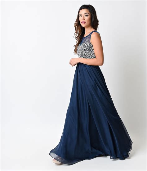 Navy Blue Crystal Beaded Sleeveless Chiffon Long Dress 2016 Prom Dresses