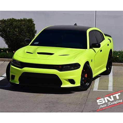 Dodge Charger Wrapped In 3m Satin Neon Fluorescent Yellow Vinyl Vinyl