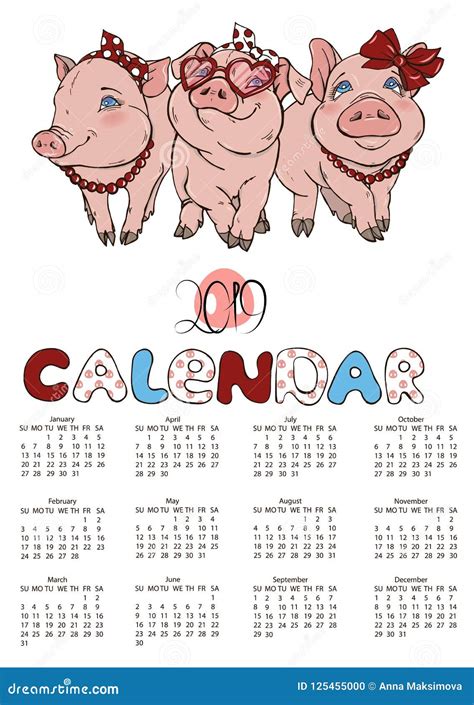 Calendar With The Company Of Cheerful Pink Pigs Stock Vector