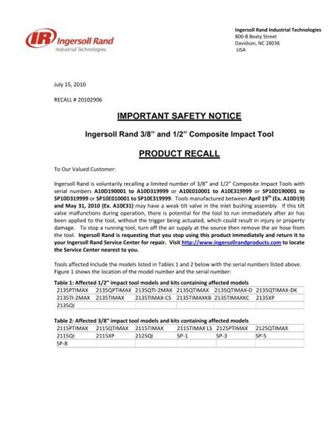 Important Safety Notice Product Recall Ingersoll Rand