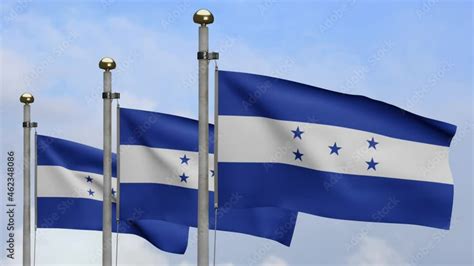 D Honduran Flag Waving On Wind With Blue Sky And Clouds Honduras