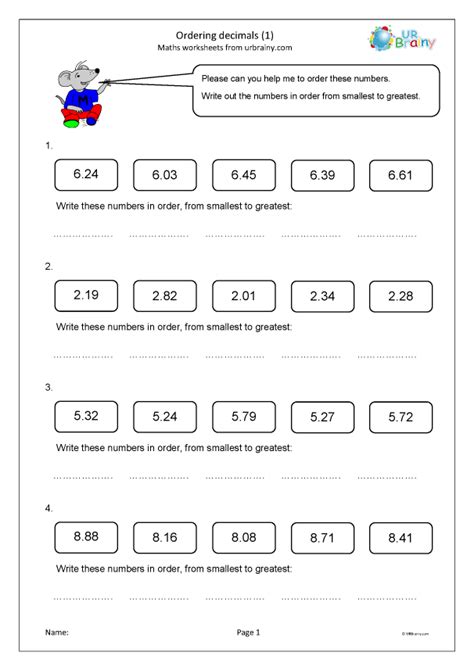 Ordering Decimals 1 Fraction And Decimal Worksheets For Year 4 Age