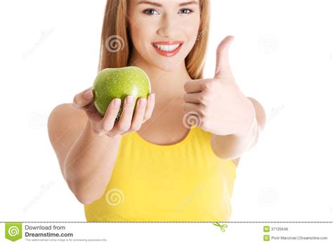 Beautiful Casual Caucasian Woman Holding Fresh Green Apple Stock Photo Image Of Freshness