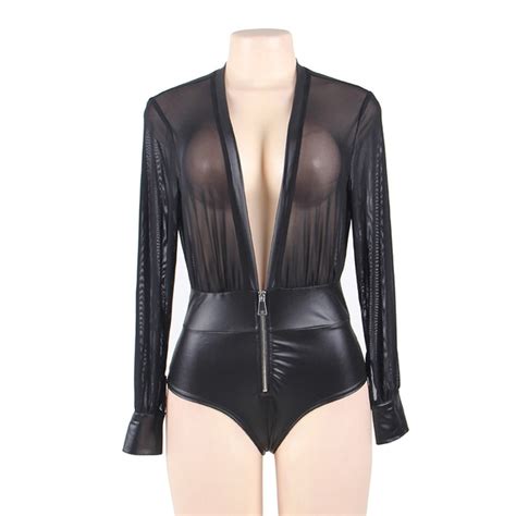 Comeonlover Plus Size Latex Wet Look Pu Leather Sexy Bodysuit Lingerie V Neck Zipper Lace