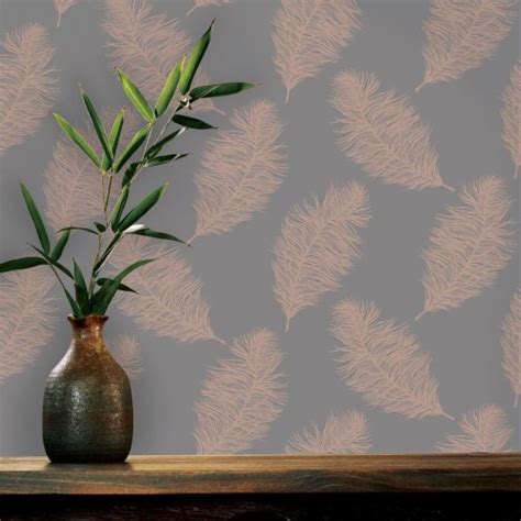 Grey And Rose Gold Feather Wallpaper Fawning Feather Wallpaper Rose