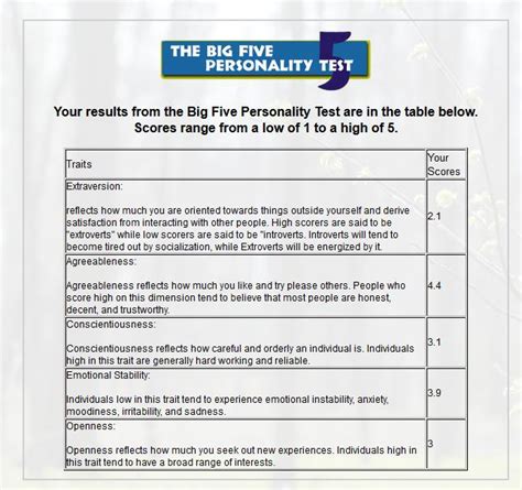 Printable Big Five Personality Test Discoverypooter