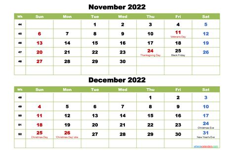 November And December 2022 Calendar With Holidays Free Printable 2021