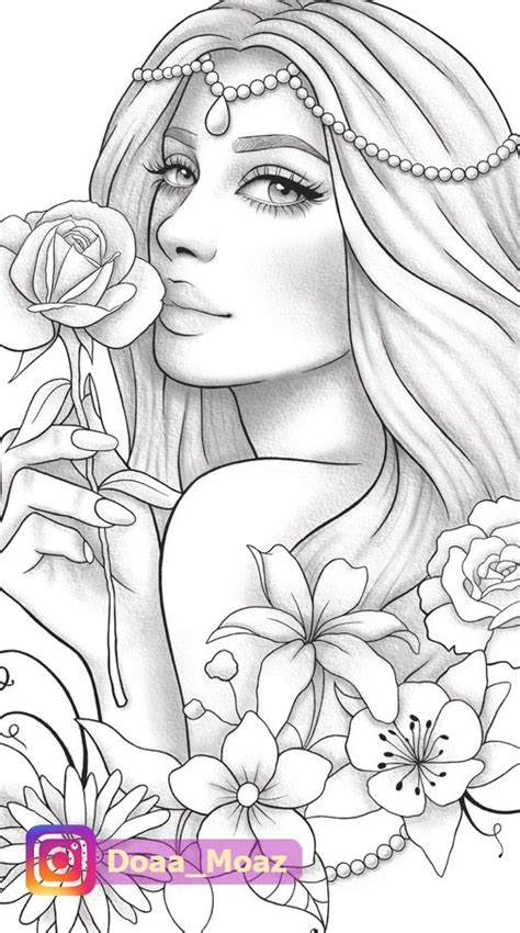 Adult Coloring Page Fantasy Floral Girl Portrait Etsy Adult