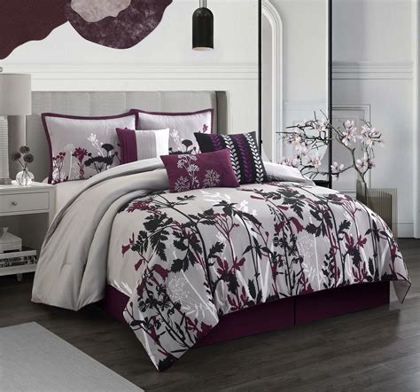 Lanco Brielle Floral 7 Piece Comforter Bedding Set Purple Queen Fill