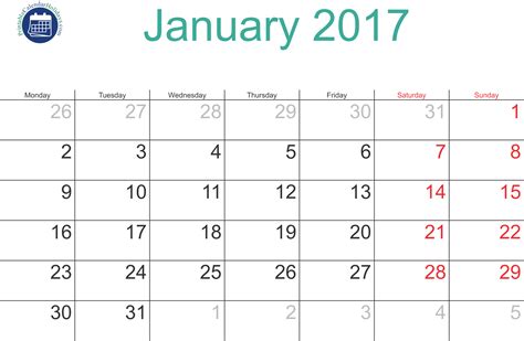 January 2017 Printable Calendar 2017