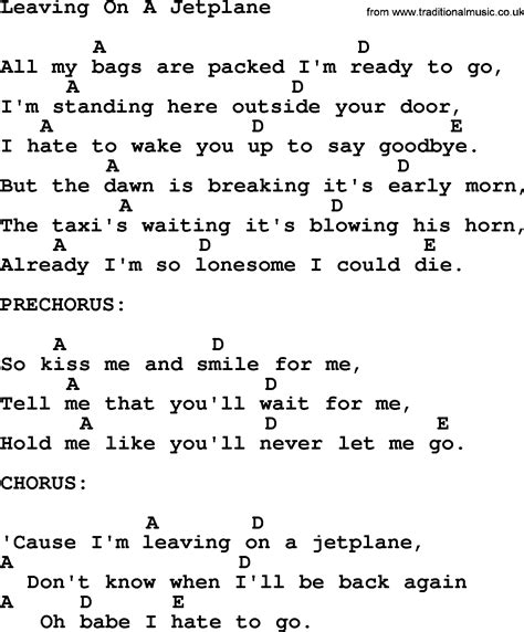 G c ev'ry song i sing i'll sing for you. Peter, Paul and Mary song: Leaving On A Jetplane, lyrics and chords
