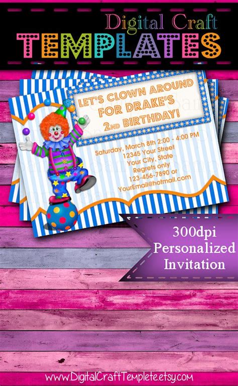 Personalized Printable Invitations Circus Party Blue Clown Birthday Party Clowns For