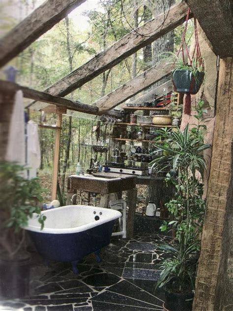 Forest Open Ceiling Bathroom With White Bathtub And Forest View And Big