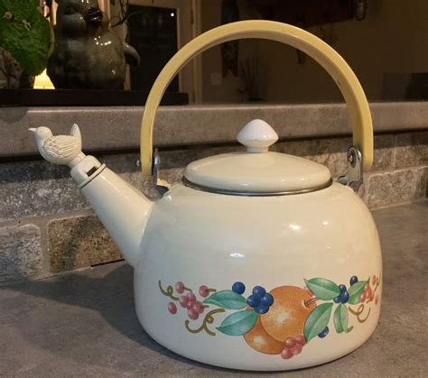 Vintage enamel tea kettle with vintage bird whistle and | Etsy